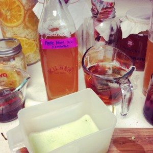 Fermented food lab, kombucha, water kefir, apple juice and sauerkraut