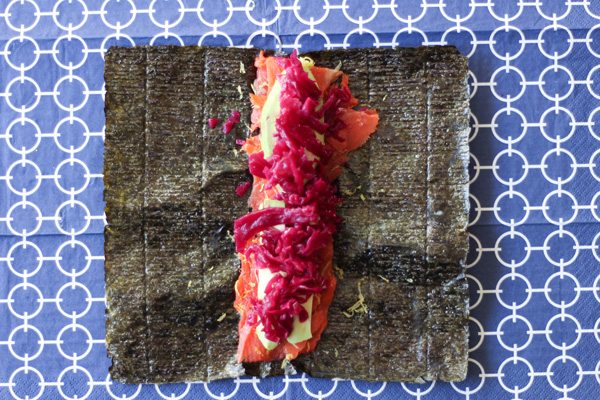 Meet your New Years health goals with this Smoked Salmon Nori Roll with Kraut. Every ingredient in this roll will benefit your body in a positive way.