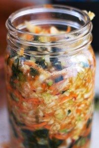 Recipe for Kale Kimchi. It's garlicky, spicy, savory and bursting with unami flavor and made with easy to find ingredients.