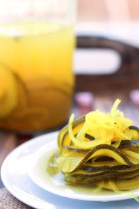 Garlic, ginger, turmeric and a few slices of onion flavor these Fermented Zucchini Pickles to sour, zingy perfection. Great added to burgers and sandwiches.