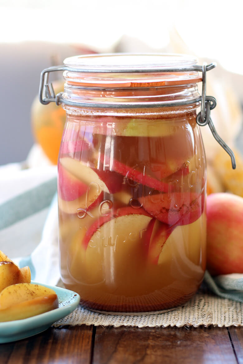 Warm cinnamon, fresh ginger and sweet, juicy apples are fermented for two days to make Spiced Probiotic Apples. Great as a snack or added to smoothies.